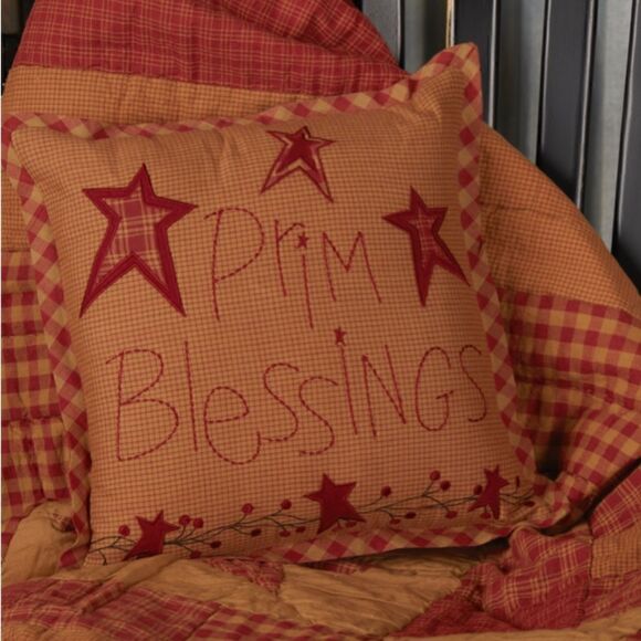 NEW! Farmhouse Burgundy Checked Prim Blessings Throw Pillow Country Cottage - Picture 1 of 4